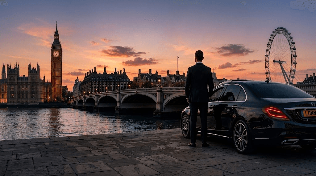 Chauffeur beside a premium Mercedes with Big Ben and the London skyline at sunset