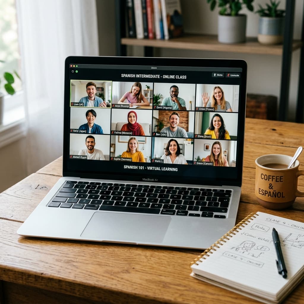 Diverse students in an online group language class via video conference
