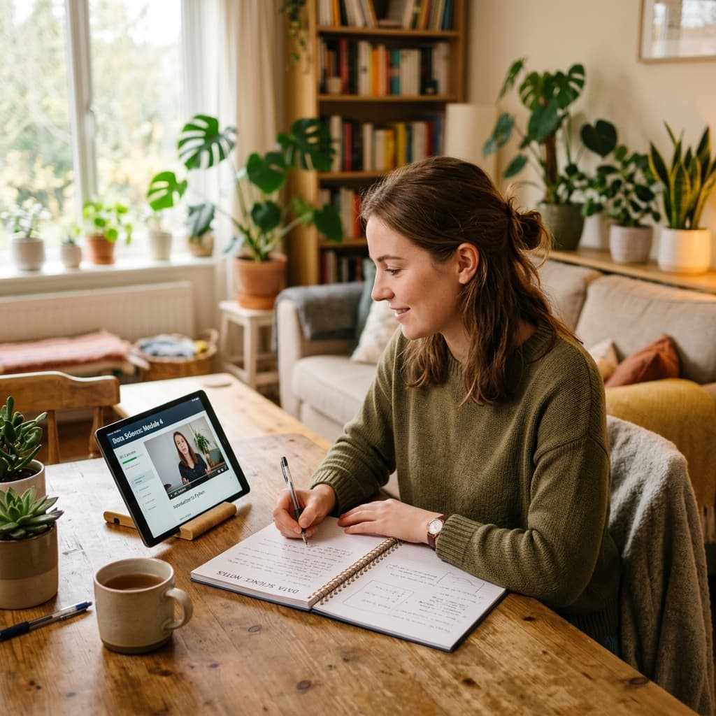 Student studying from home with a tablet and notes