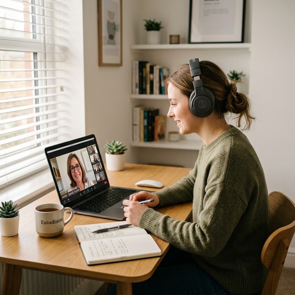 Student in a one-to-one online video call with a language teacher