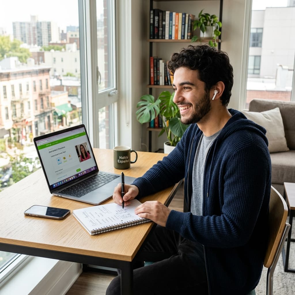 Student learning a language online from home with earbuds and laptop