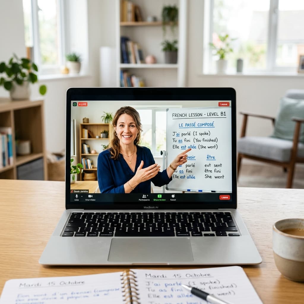 Language teacher delivering a live online lesson via video call
