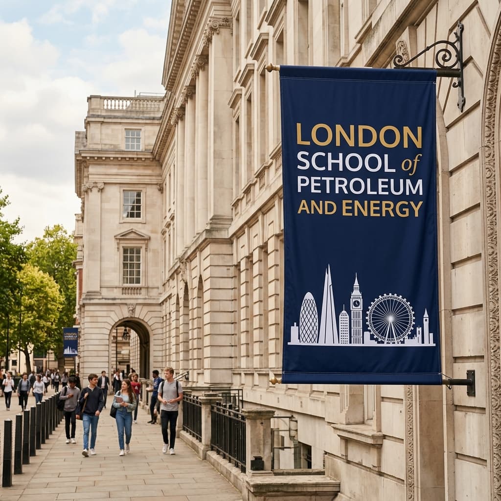 London School of Petroleum and Energy building with flag